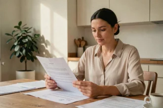 Mère de famille lisant attentivement un contrat de garde d'enfant à domicile à la table de sa cuisine