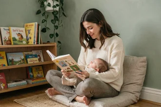 Jeune mère lisant un livre illustré à son nourrisson dans un coin lecture aménagé avec des coussins et des étagères colorées