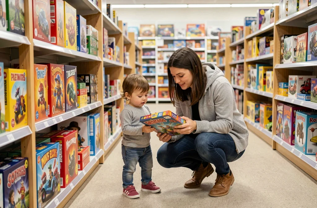 Parent et enfant de 4 ans choisissant ensemble un jeu de société dans un magasin de jouets, aidant à sélectionner un jeu éducatif adapté