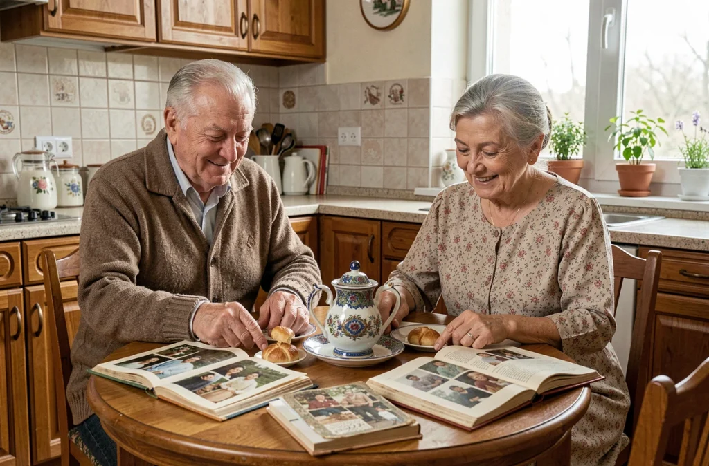 Couple de parents d'origine iranienne feuilletant des albums de photos de famille autour d'un thé traditionnel