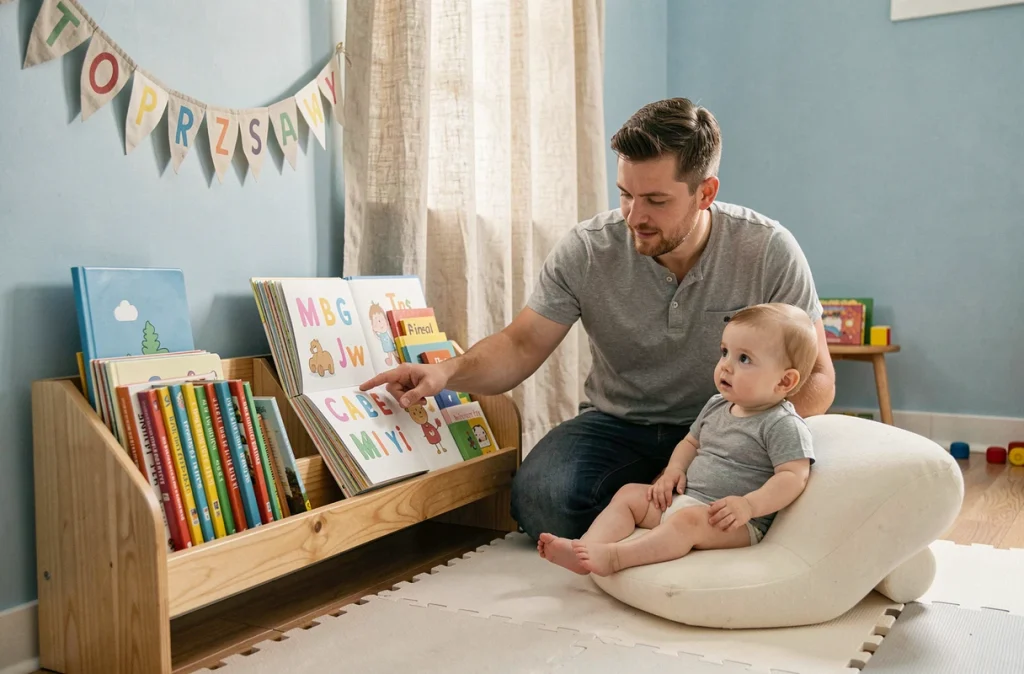 Père montrant un livre illustré à son bébé dans un coin lecture de chambre d'enfant avec étagère basse et tapis de jeu