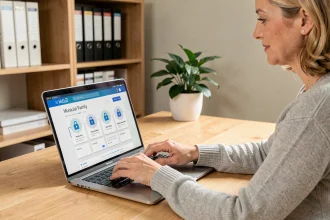 Femme utilisant le portail famille Meudon sur son ordinateur portable pour sécuriser ses paiements en ligne