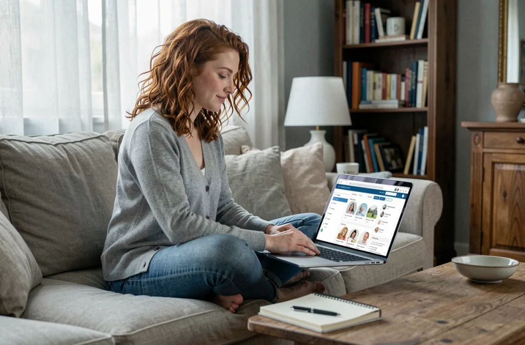 Jeune femme recherchant une nounou de confiance sur une plateforme de garde d'enfant en ligne