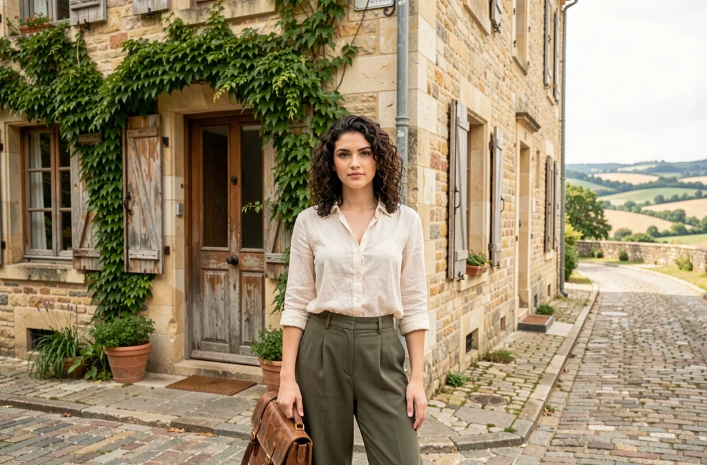 Jeune femme française devant un bâtiment en pierre de style provincial évoquant les débuts de carrière et l'enfance en région de Régine Delfour