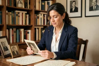 Femme d'âge mûr aux origines méditerranéennes examinant des photos de famille dans un bureau vintage évoquant l'enfance et les racines familiales de Régine Delfour