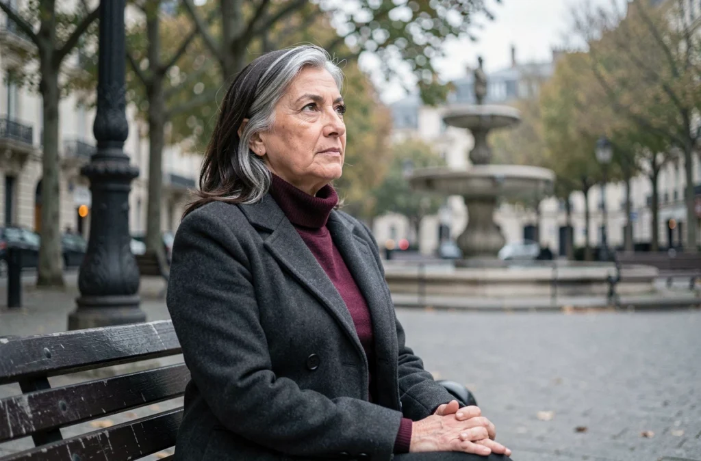 Femme mature assise sur un banc dans une place publique française, regard contemplatif évoquant le parcours personnel et professionnel de Régine Delfour
