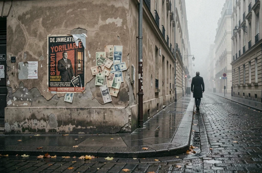 Rue pavée parisienne sous la pluie en automne avec silhouette anonyme et affiche déchirée évoquant l'ambiance clandestine des années 1970