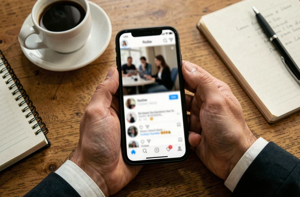 Mains tenant un smartphone avec un profil flou symbolisant la protection de la vie privée et l'anonymat sur les réseaux sociaux