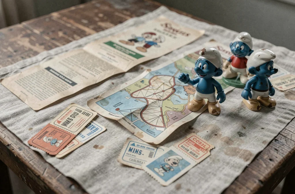 Collection de souvenirs vintage du Parc des Schtroumpfs avec brochures, figurines et billets d'entrée des années 90