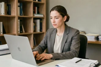 Femme professionnelle assise à un bureau réfléchissant à la notion de vie privée et de données personnelles en ligne