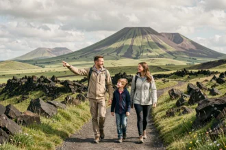 Une famille avec deux enfants se promène sur un sentier volcanique du Puy-de-Dôme, avec les puys visibles en arrière-plan