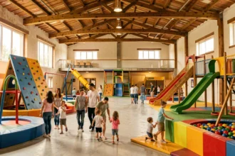 Vue d'ensemble d'une aire de jeux couverte en Provence-Alpes-Côte d'Azur avec structures colorées et familles