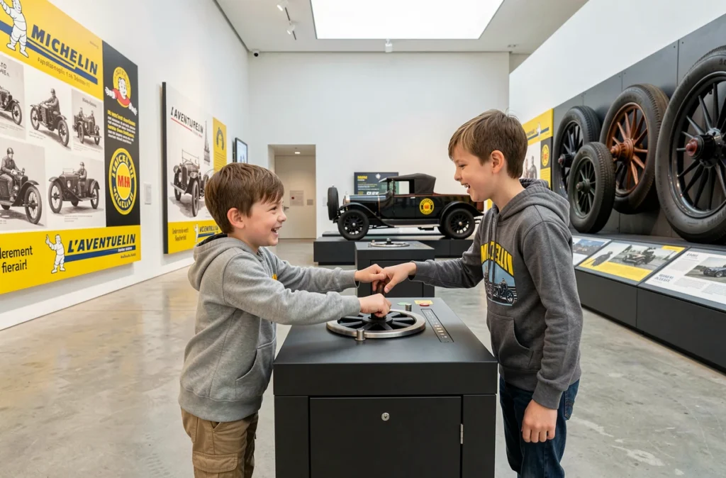 Deux enfants interagissent avec les expositions interactives du musée L'Aventure Michelin à Clermont-Ferrand