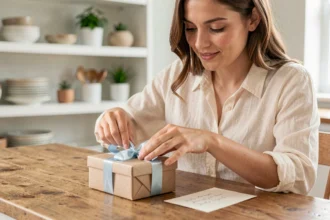 Jeune femme préparant un cadeau de baptême original avec ruban bleu et carte manuscrite sur une table en bois