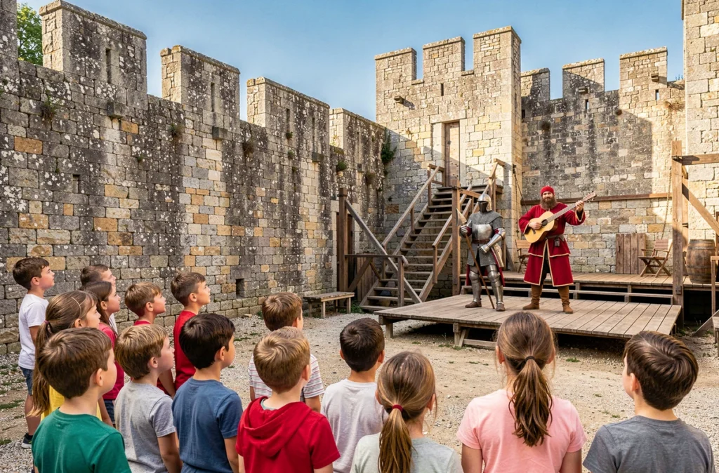 Des enfants assistent à un spectacle médiéval vivant avec des chevaliers en costume au Château de Murol