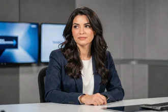 Chroniqueuse télévision assise dans un studio, regard réfléchi, évoquant des révélations personnelles sur ses origines familiales