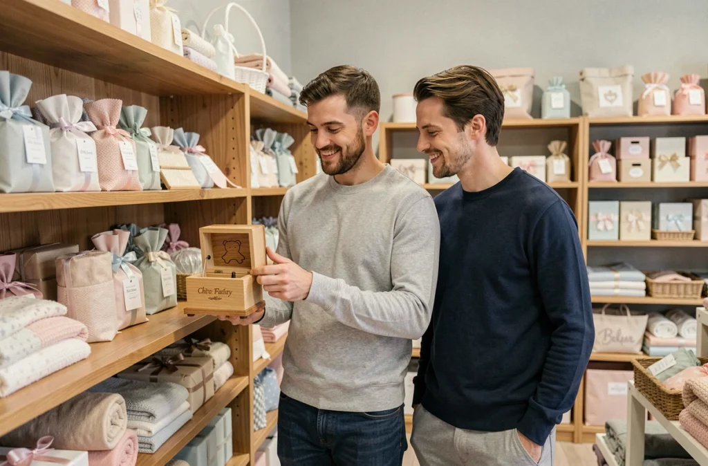 Couple choisissant un cadeau de baptême original dans une boutique spécialisée, tenant une boîte à musique en bois gravée