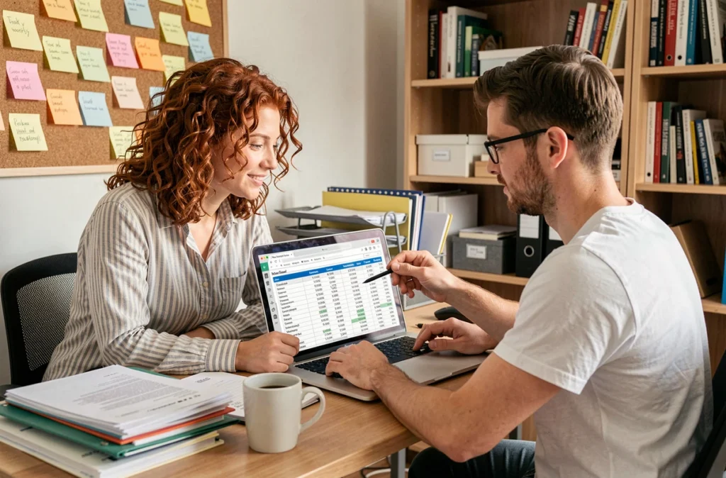 Couple de jeunes parents analysant ensemble les options de rémunération du congé parental sur un ordinateur portable