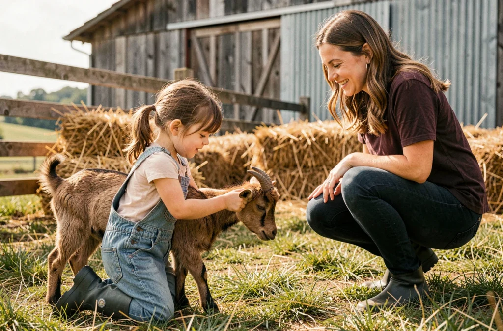 Une petite fille caresse une chèvre à la ferme pédagogique de la Marinette à Chapdes-Beaufort