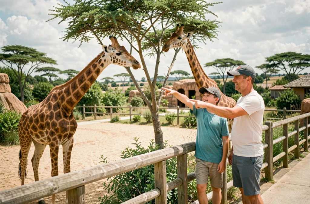 Un père et son fils observent des girafes au parc animalier Le PAL en Auvergne