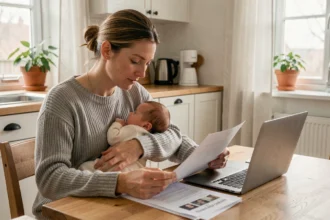 Mère en congé parental consultant des documents de rémunération à la table de cuisine avec son nouveau-né dans les bras