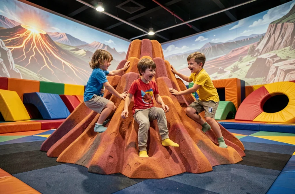 Des enfants jouent dans les structures immersives colorées du parc intérieur Palomano à Clermont-Ferrand