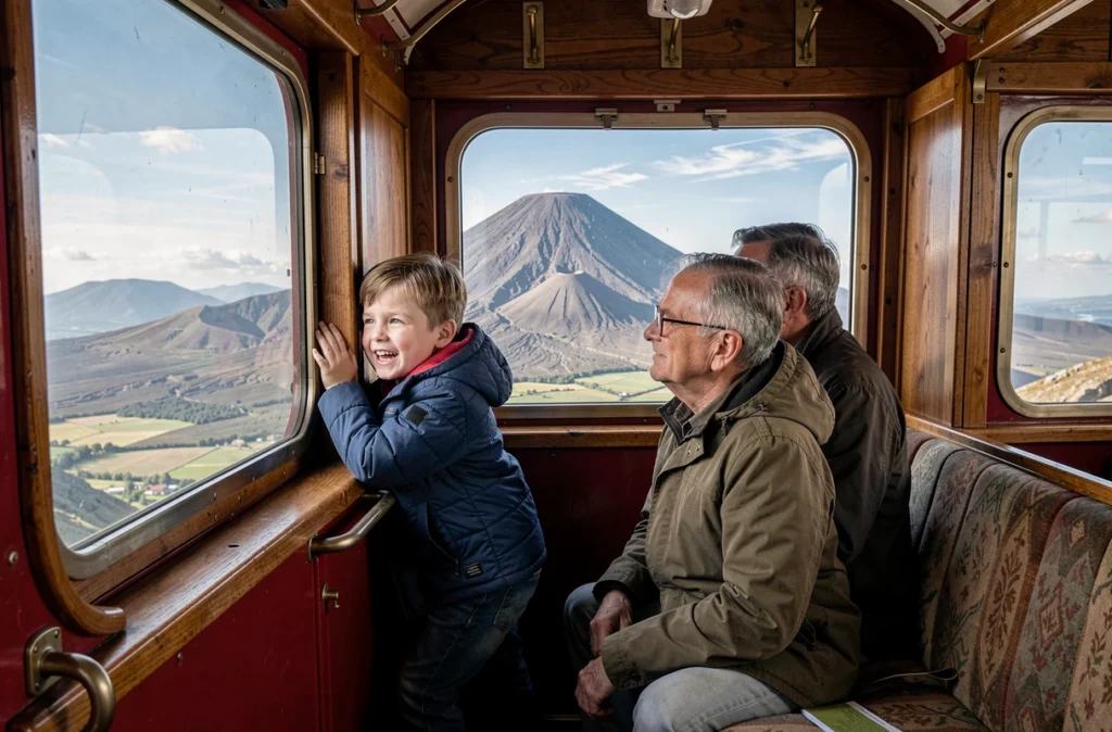 Une famille dans le train à crémaillère Panoramique des Dômes montant vers le sommet du puy de Dôme