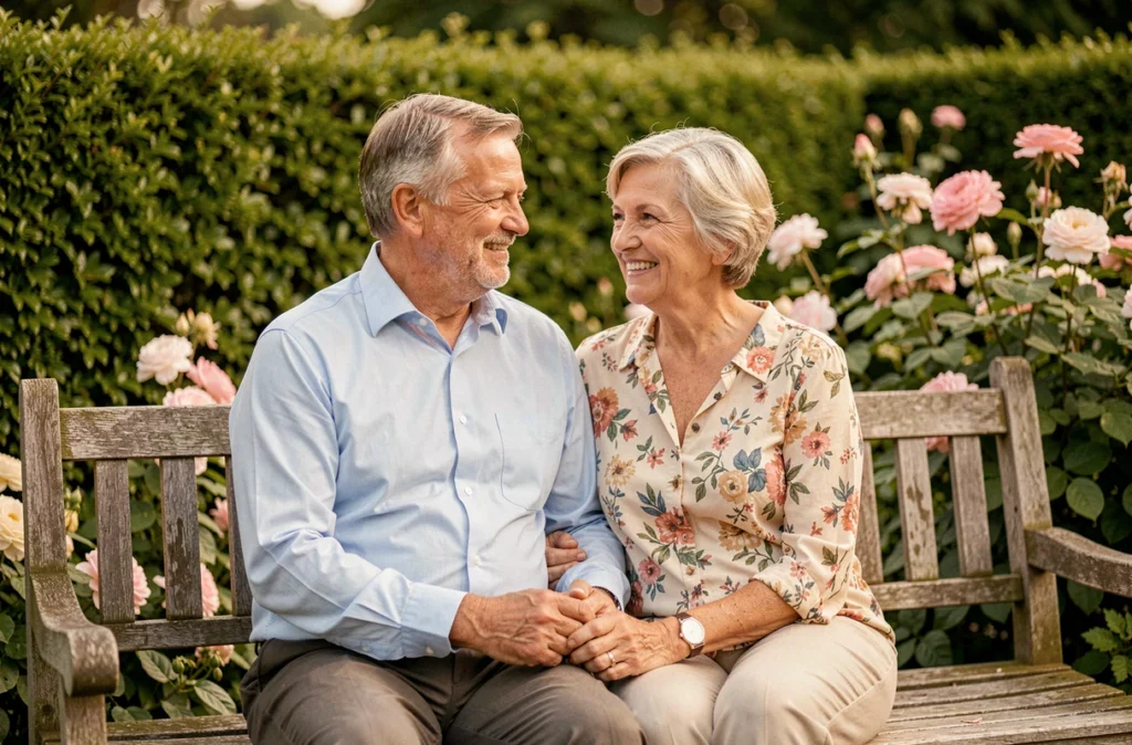 Couple de parents âgés assis dans un jardin fleuri, souriant chaleureusement, symbolisant les révélations familiales d'une personnalité médiatique