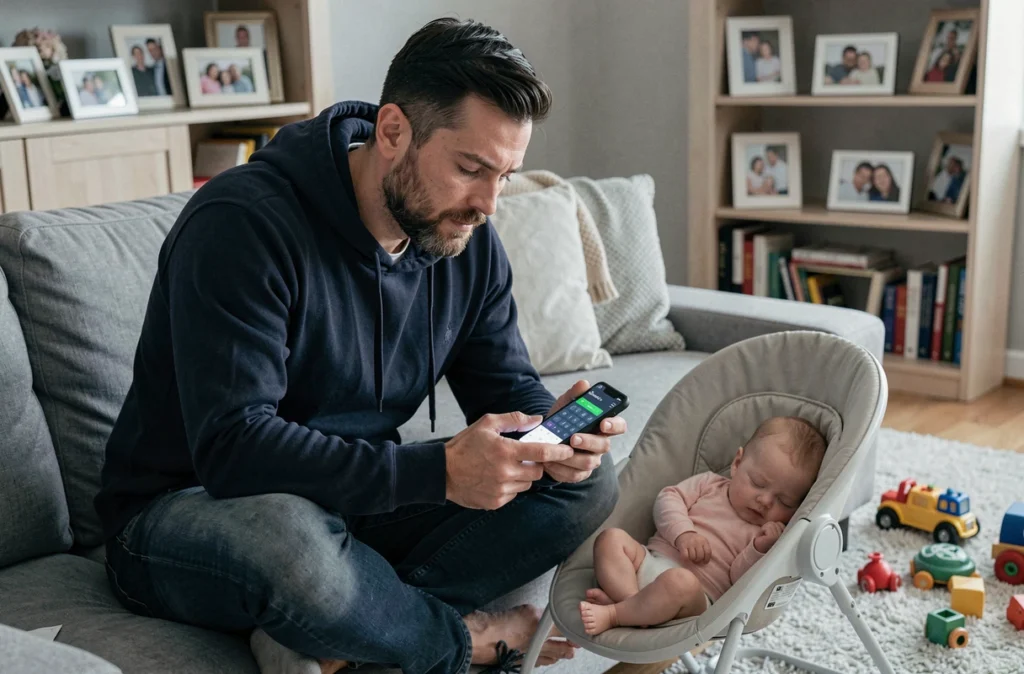 Père en congé parental calculant sa rémunération à temps partiel sur smartphone dans le salon familial