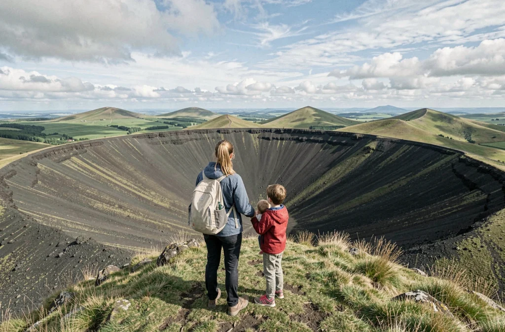 Une mère et ses deux enfants contemplent le cratère du Puy de la Vache lors d'une balade volcanique accessible