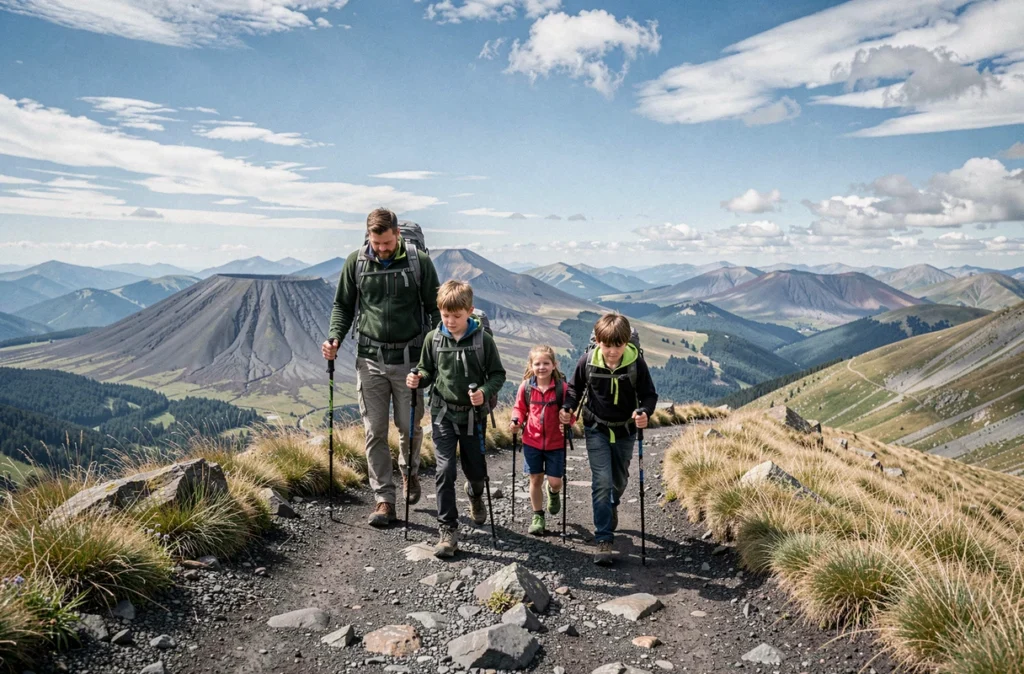 Une famille fait une randonnée sur les sentiers du Puy de Sancy avec panorama volcanique en arrière-plan