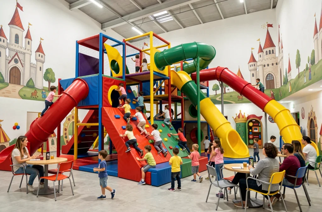 Intérieur de Royal Kids Avignon avec structures de jeux colorées et enfants en train de jouer