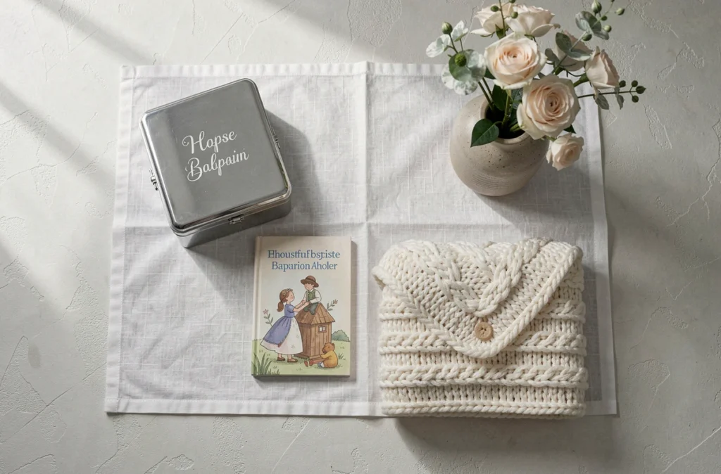 Sélection de cadeaux de baptême originaux disposés en flat lay sur nappe blanche avec livre, boîte argentée et couverture tricotée