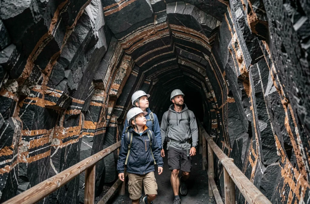 Un père et sa fille explorent les tunnels souterrains du volcan de Lemptégy en Auvergne