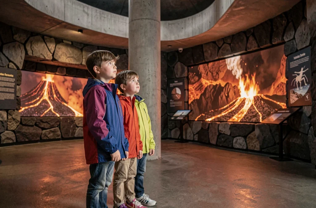 Deux enfants émerveillés devant une installation volcanique immersive au parc Vulcania à Saint-Ours-les-Roches