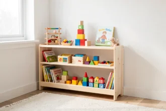 Coin de jeu d'enfant avec cubes, encastrements et livres sur une étagère en bois