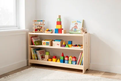 Coin de jeu d'enfant avec cubes, encastrements et livres sur une étagère en bois
