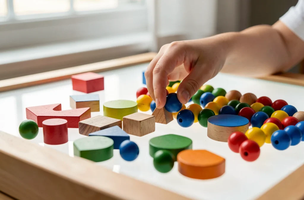 Mains d'enfant triant des formes et des perles en bois colorées