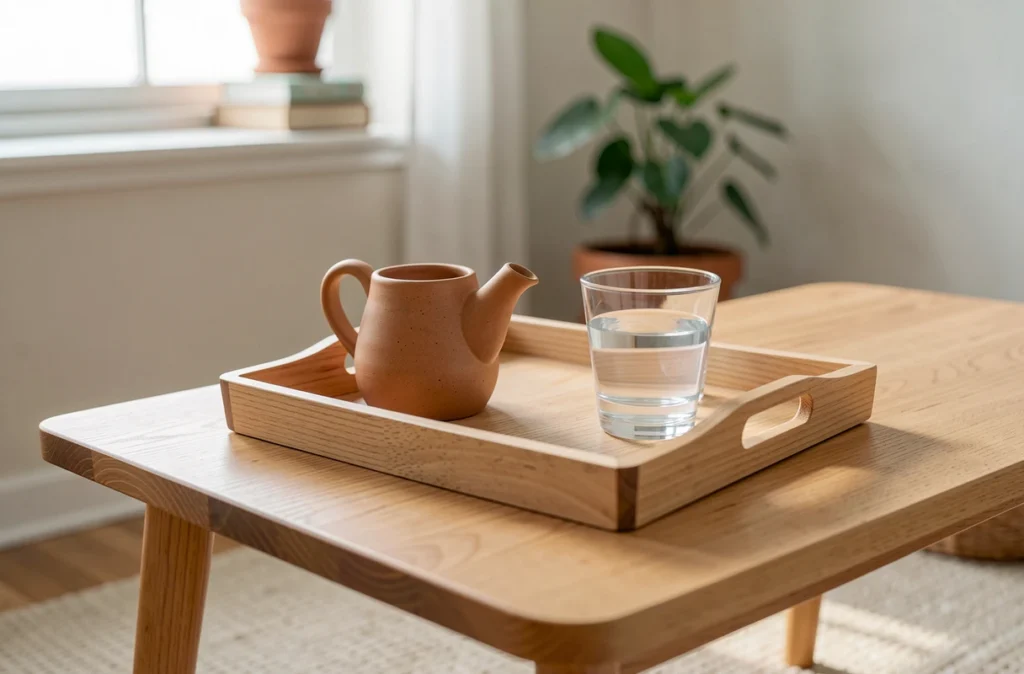Plateau en bois avec petit pichet et verres sur une table basse d'enfant