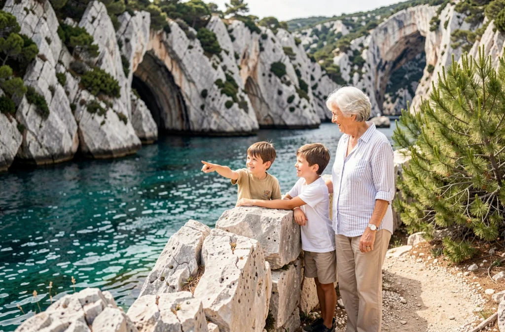 Grand-mère et petits-enfants découvrant les calanques près de Cassis lors d'une sortie en famille sur la Côte d'Azur