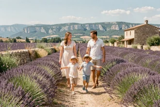 Famille se promenant dans un champ de lavande en Provence avec des collines en arrière-plan, idéal pour des sorties en famille en région PACA